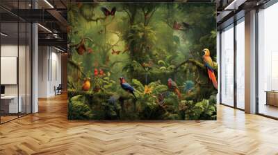  a painting of a jungle with birds and butterflies on it.  generative ai Wall mural