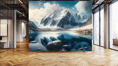  a painting of a mountain lake surrounded by rocks and snow covered mountains with clouds in the sky and a few rocks in the water below. Generative AI Wall mural