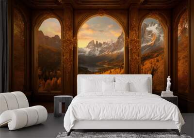  a painting of a mountain scene is shown through three windows.  generative ai Wall mural