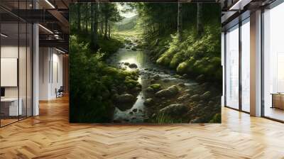  a painting of a stream in a forest with rocks and grass on the ground and trees on the side of the stream, and a few rocks on the ground.  generative ai Wall mural