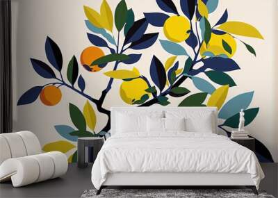  a painting of a tree with fruit on it's branches and leaves on it's branches, with a white background and a light yellow background.  generative ai Wall mural