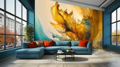  a painting of a yellow flower with blue water and gold leaves on it's petals and a white background with a blue and yellow swirl.  generative ai Wall mural