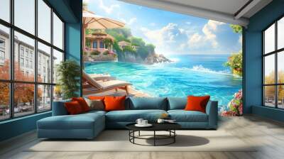   A painting of an oceanic pool with a chaise lounge on a beach in the foreground Wall mural