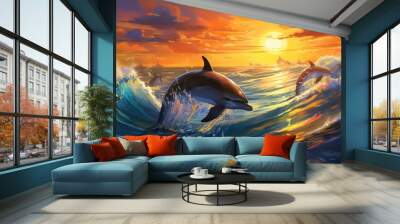  a painting of dolphins swimming in the ocean at sunset or sunrise.  generative ai Wall mural