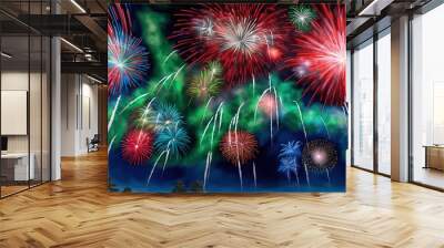  a painting of fireworks in the sky with trees in the background.  generative ai Wall mural