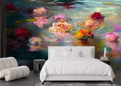  a painting of flowers floating in a body of water with lily pads.  generative ai Wall mural