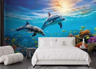  a painting of two dolphins swimming over a coral reef with tropical fish.  generative ai Wall mural