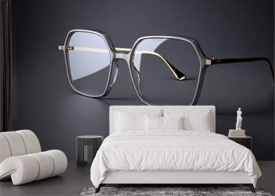  a pair of glasses with a gold rim and clear lens frames on a dark background with a reflection of the glasses in the frame and the lens.  generative ai Wall mural