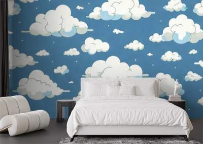   A pattern of clouds and stars on a blue sky with two white clouds in the middle of the sky Wall mural