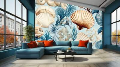  a pattern of seashells and corals on a blue background.  generative ai Wall mural