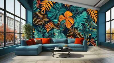  a pattern of tropical leaves and flowers on a black background with orange, green, yellow and blue colors on a black background. Wall mural