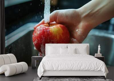   A person washing an apple in a sink with a splash of water coming from the tap Wall mural