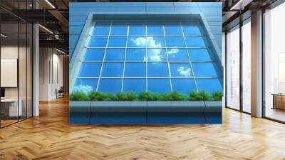   A photo of a building's window sill reflecting sky and clouds while grass grows below Wall mural