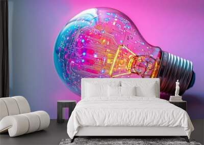   A photo of a close-up light bulb with a circuit board inside, set against a purple and blue backdrop In the background, there's a mix of pink and blue t Wall mural