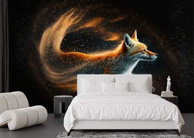  a picture of a fox flying through the air with a crescent in the back ground and stars in the sky behind it, with a black background.  generative ai Wall mural