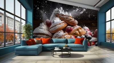  a pile of powdered pastries on a plate with strawberries and blueberries on the plate and powdered sugar on the plate.  generative ai Wall mural