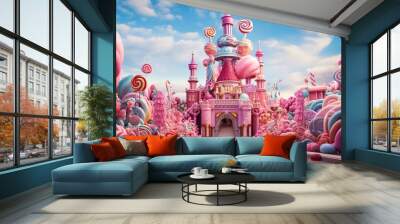  a pink castle with a lot of candy land in the background.  generative ai Wall mural