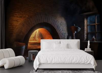  a pizza is sitting in a brick oven with a light coming from it's window and a pot of salt nearby on the counter top of the pizza is a wooden table with a. Wall mural