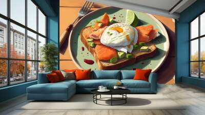  a plate of food with a fork and knife on a table with a knife and fork on it and a fork and knife on the plate.  generative ai Wall mural