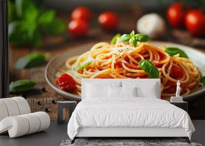  a plate of spaghetti with tomato sauce, basil, and parmesan cheese on a wooden table with tomatoes, basil, garlic, garlic, and pepper, and garlic. Wall mural