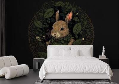  a rabbit in a green dress surrounded by leaves and branches, with a black background and a green circle around it, with a brown rabbit in the center of leaves, and a green. Generative AI Wall mural