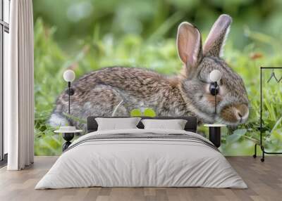  A rabbit is sitting in the grass, clutching a clover and with its eyes alert and open Wall mural