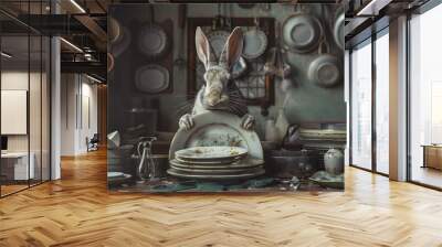   A rabbit perched atop a mound of soiled plates within a cluttered kitchen Wall mural