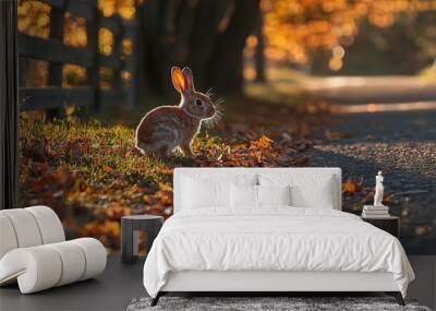   A rabbit perched beside a wooden fence and a heap of fallen leaves on the ground Wall mural