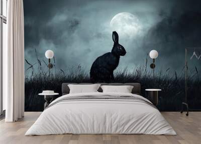   A rabbit sits in green grass under the full moon in a dark night sky Wall mural