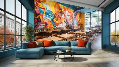  a restaurant with a colorful mural on the wall and wooden tables and chairs in front of it and a large window to the side of the room.  generative ai Wall mural