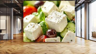   A salad featuring tofu, cucumber, tomato, olive, lettuce, and cherry tomatoes Wall mural