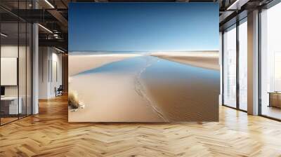  a sandy beach with a small stream of water coming out of the sand to the water and a blue sky above it, with a few small trees in the foreground.  generative ai Wall mural