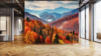  a scenic view of a mountain range with colorful trees in the foreground.  generative ai Wall mural