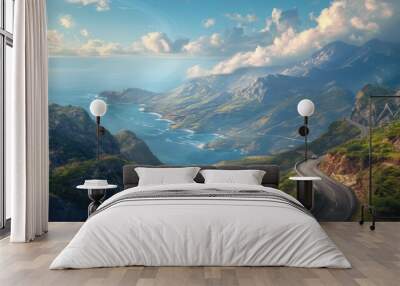  a scenic view of the ocean from a high point of view of a road on the side of a mountain with a view of the ocean and mountains in the distance. Wall mural