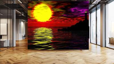   A serene sunset on water with a lighthouse in the center and wispy clouds above Wall mural