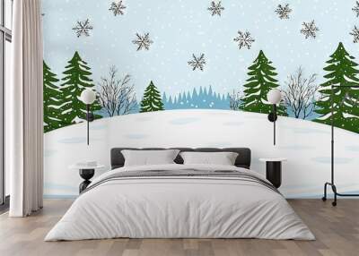   A serene winter wonderland featuring majestic trees in the foreground dusted with snowflakes cascading from the tree branches in the backdrop Wall mural