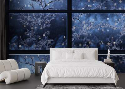  a series of four pictures of a tree with snow falling on it and stars in the sky in the background.  generative ai Wall mural