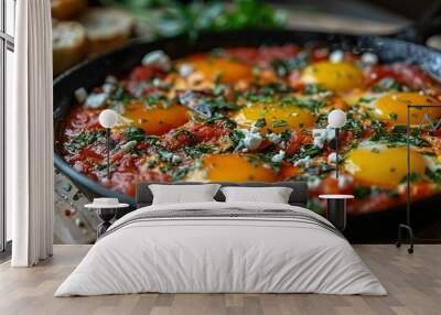   A sharp focus of a pan filled with eggs on a tomato sauce and placed on wooden table Wall mural