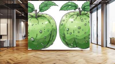   A sketch of two emerald apples adorned with verdant foliage and droplets of H~2~O atop their crowns Wall mural