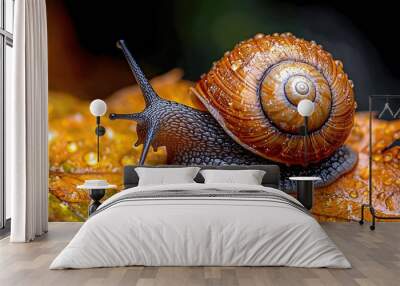   A snail on a leaf with water droplets on its back and shell Wall mural