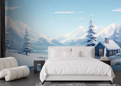  a snowy landscape with a cabin in the foreground and mountains in the background.  generative ai Wall mural