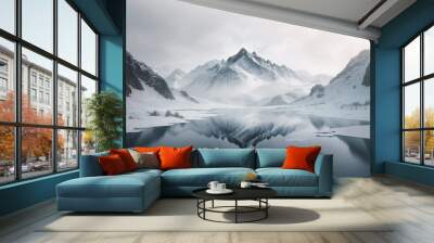  a snowy mountain range with a lake surrounded by snow covered mountains in the foreground and a cloudy sky in the background, with a few clouds in the foreground. Generative AI Wall mural