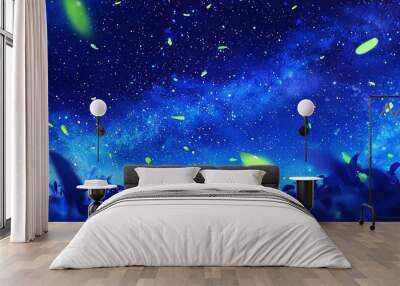   A star-studded night sky illuminated by blue and green lights Wall mural