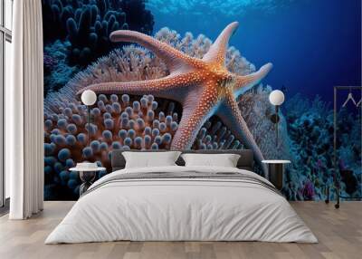  a starfish on a coral reef in the ocean with a blue background and a coral reef in the foreground with a diver in the background and a blue sky with a few clouds. generative ai Wall mural