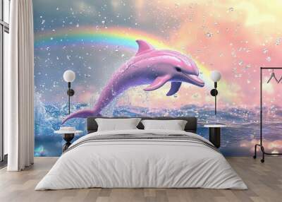   A stunning image captures a playful dolphin leaping from the water as it basks beneath a vibrant rainbow in the sky The tranquil clouds above create a Wall mural