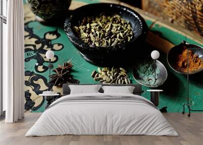   A table displays two bowls holding diverse spice varieties, alongside a pair of spice-filled bowls Wall mural