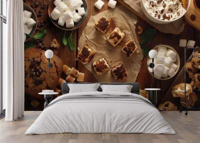  A table featuring desserts and marshmallows, alongside a bowl of cookies and marshmallows Wall mural