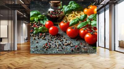  A table of diverse foods accompanied by a spice jar and tomato pile Wall mural