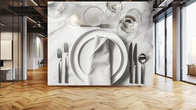  a table set with a white plate, silverware, and silverware on a marble table top with a white napkin and silverware.  generative ai Wall mural