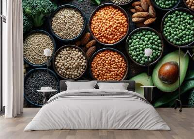   A table topped with bowls filled with different types of beans and vegetables next to broccoli and avocados Wall mural